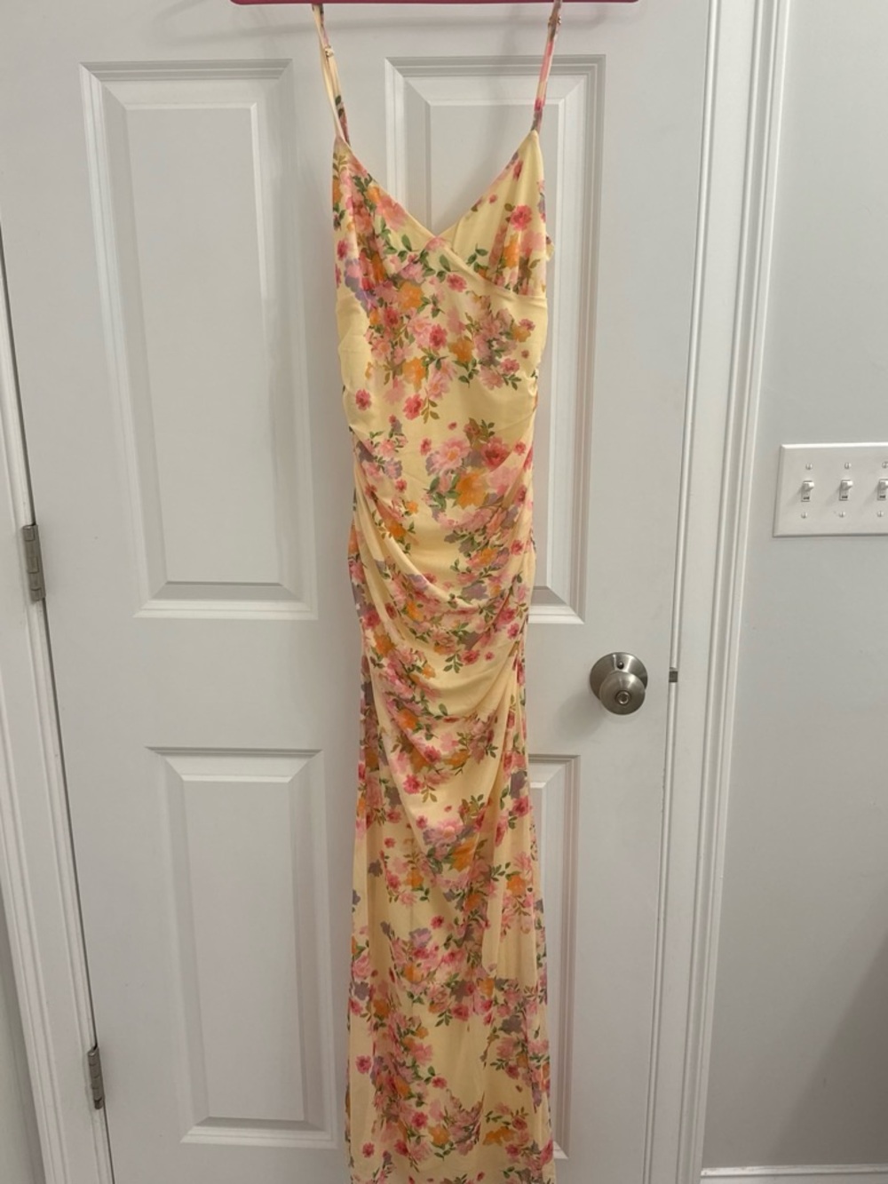 Beginning Boutique Yellow Floral Maxi Slip Dress with Pink Accents